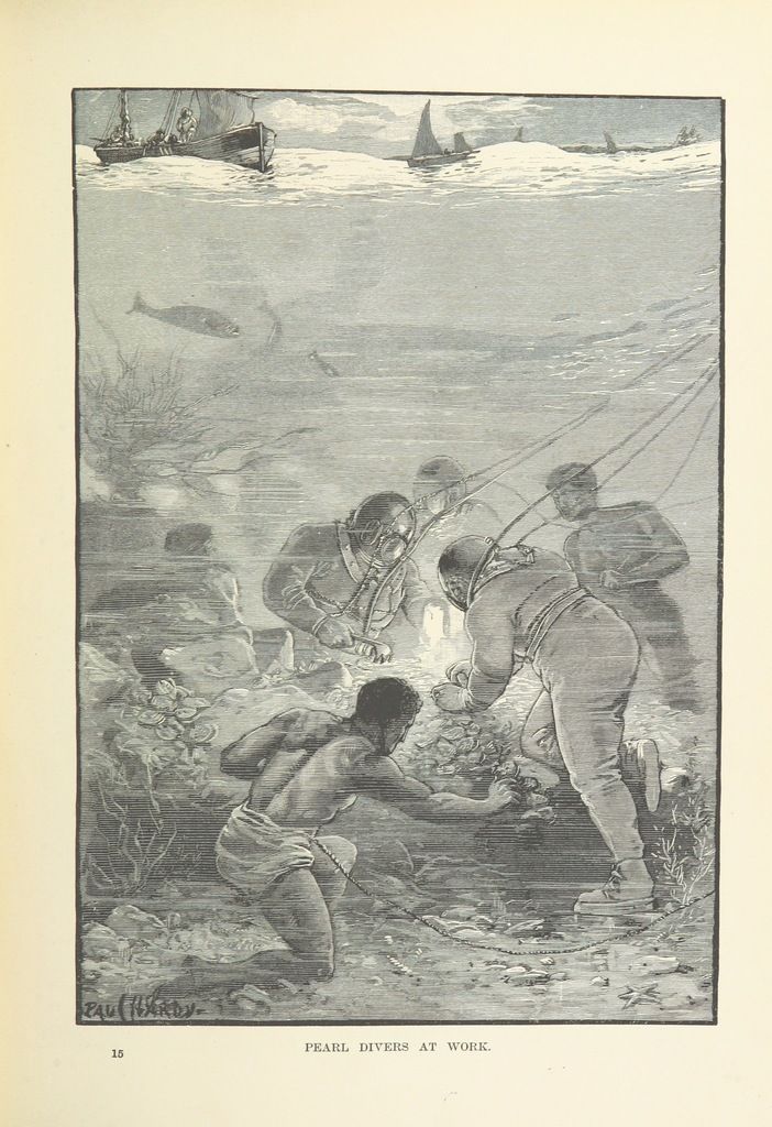 Historische Schwarz-Weiss-Illustration von traditionellen Perlentauchern auf einem Holzboot und im Wasser bei der gefaehrlichen Suche nach Muscheln am Meeresgrund.