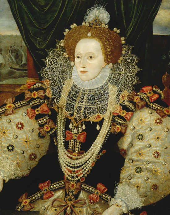Historisches Oelgemaelde von Koenigin Elisabeth I. von England, prachtvoll verziert mit zahlreichen meterlangen Perlenketten und perlenbestickten royalen Kleidern